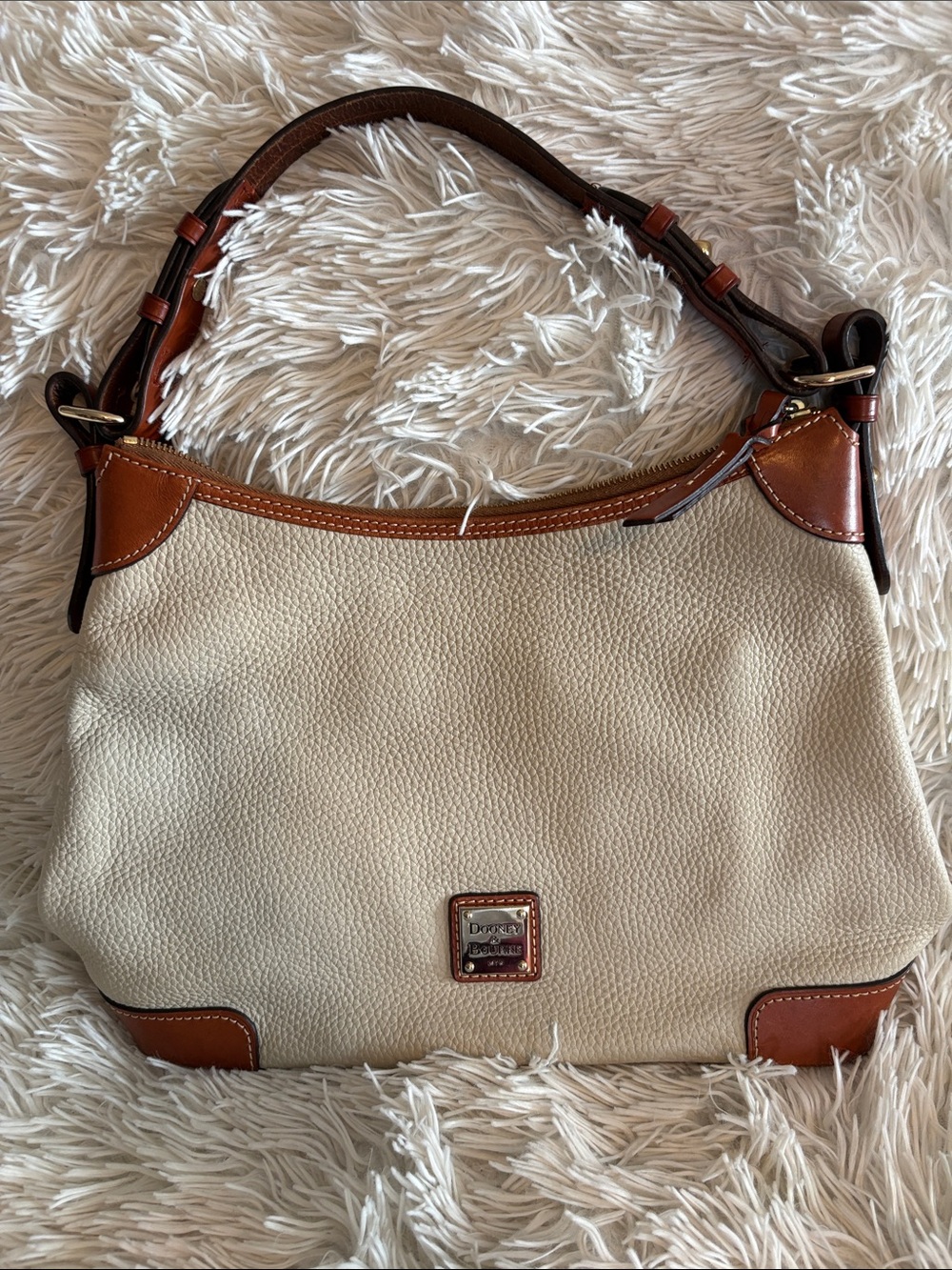Dooney & Bourke Cream Pebbled Leather Shoulder Bag with Brown Trim